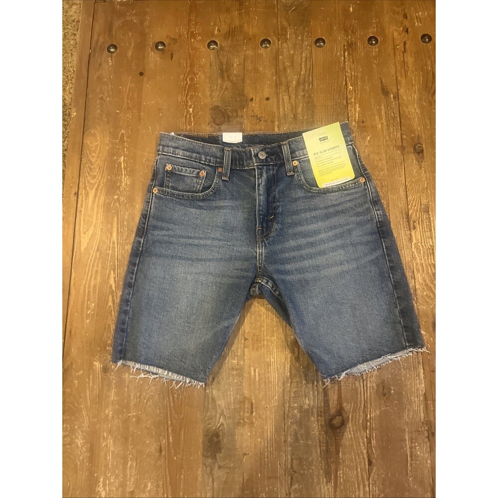 Levis 412 Slim Shorts Womens 29 Blue Denim Distressed Stretch Frayed Hem New